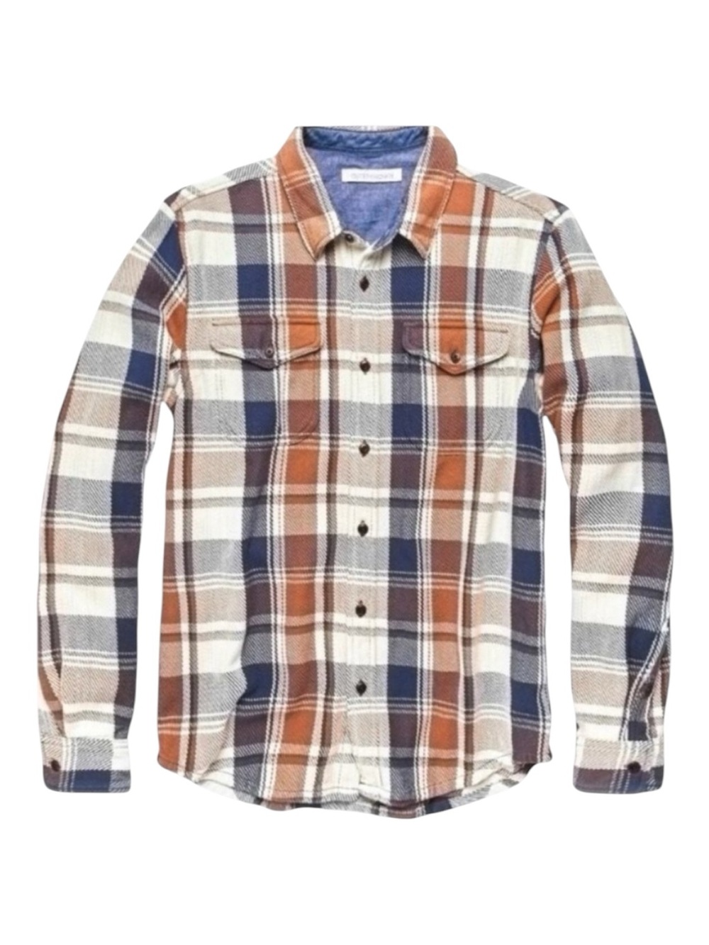 Outerknown Men’s Blanket Shirt in Juneau Plaid Blue Brown Cream Size Large